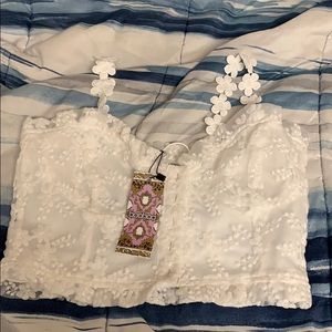 Embroidered Mesh Button through Crop top